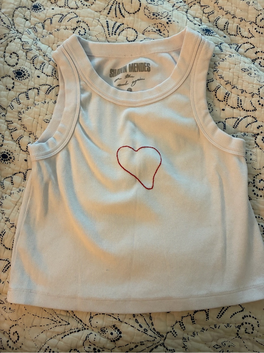 Shawn Mendes White Ribbed Cropped Tank with Red Heart Stitch